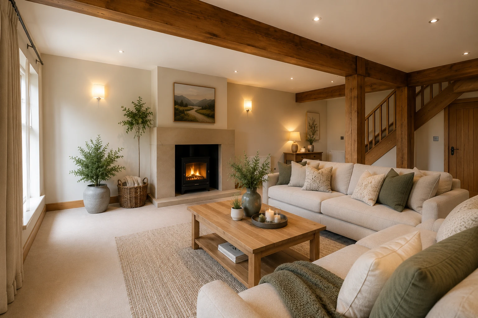 Light-filled cottage lounge with oak beams and stone fireplace