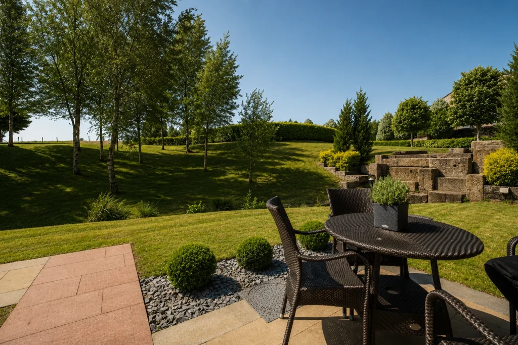 Private outdoor terrace overlooking the landscaped grounds